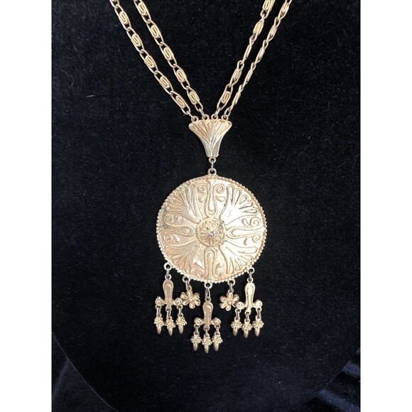 Vintage Rare VENDOME Etruscan Revival Gold Tone Large Pendant Necklace  20” - Picture 6 of 6
